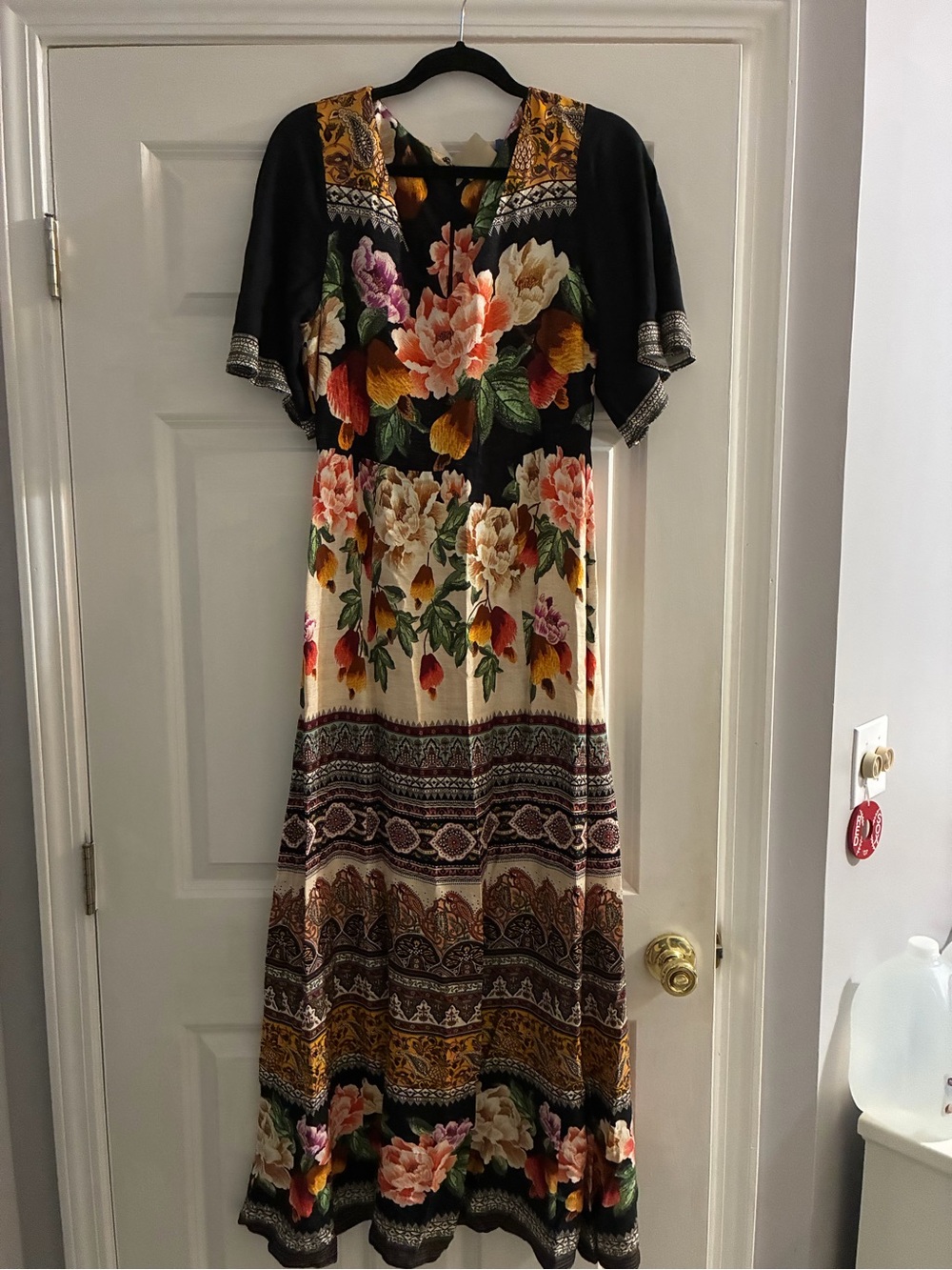 Gorgeous FARM Rio Black & Cream Maxi Dress with Multicolor Floral Print NWT